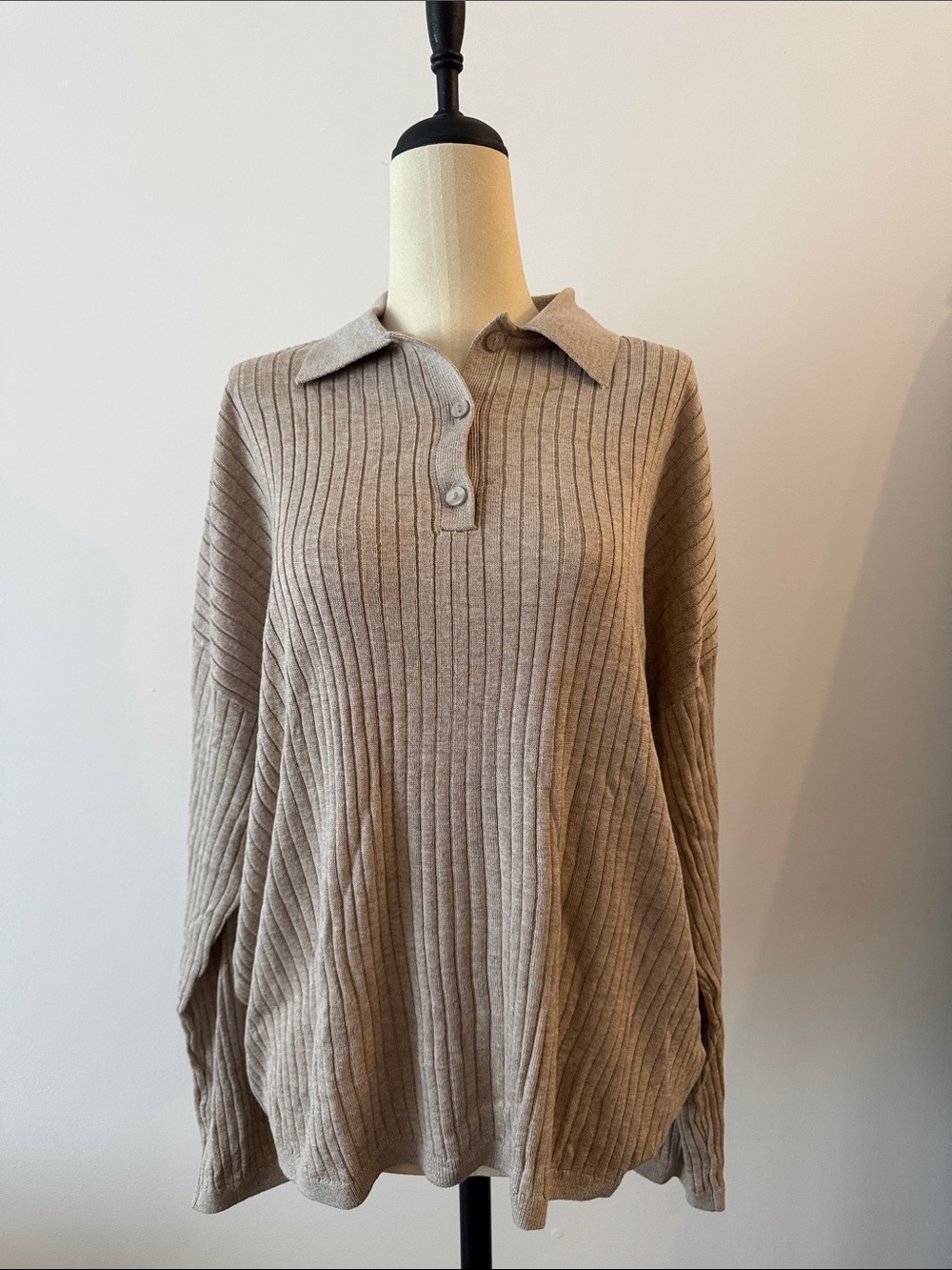 H&M Ribbed Polo Knit Sweater in Taupe